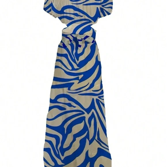 Blue and cream colored all over print off the shoulder, ruffle  dress - Picture 3 of 7